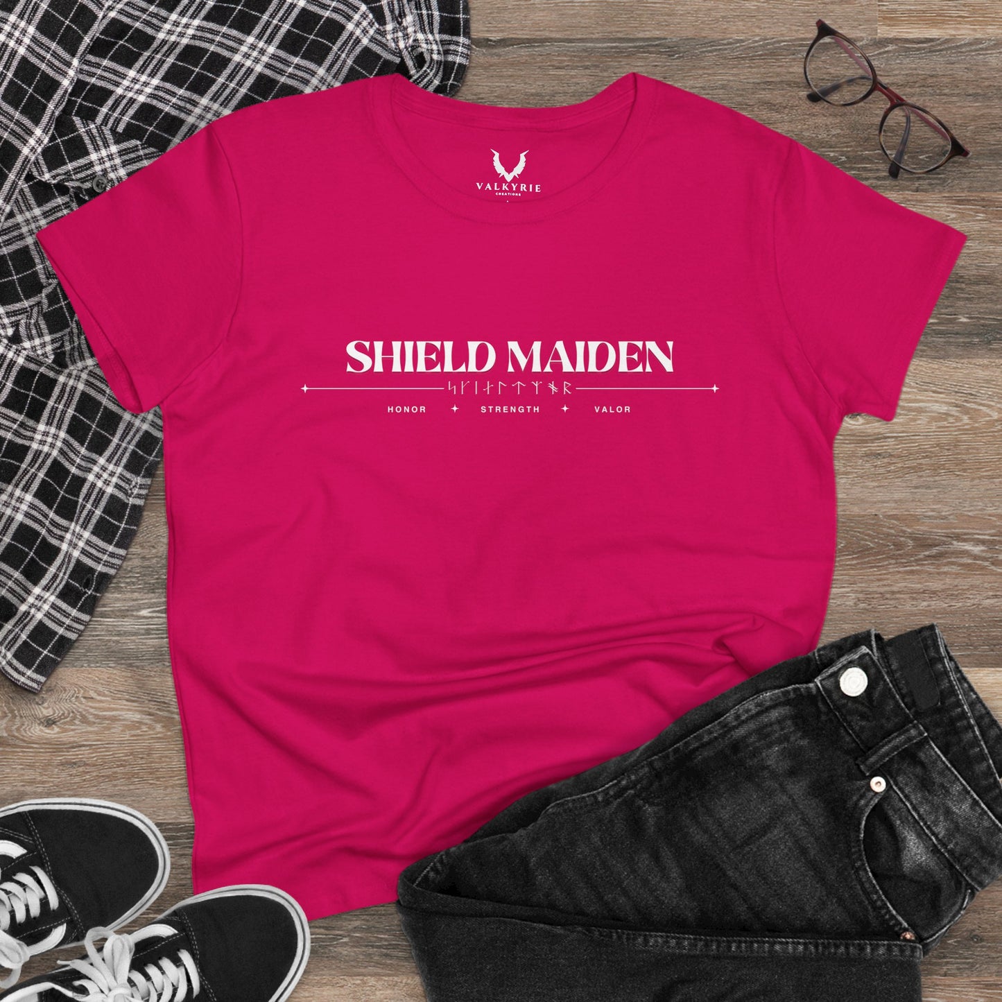 Women’s Tee - Shield Maiden, Strength, Honor, Casual Wear, Viking Inspired, Gifts for Her, Feminist Apparel
