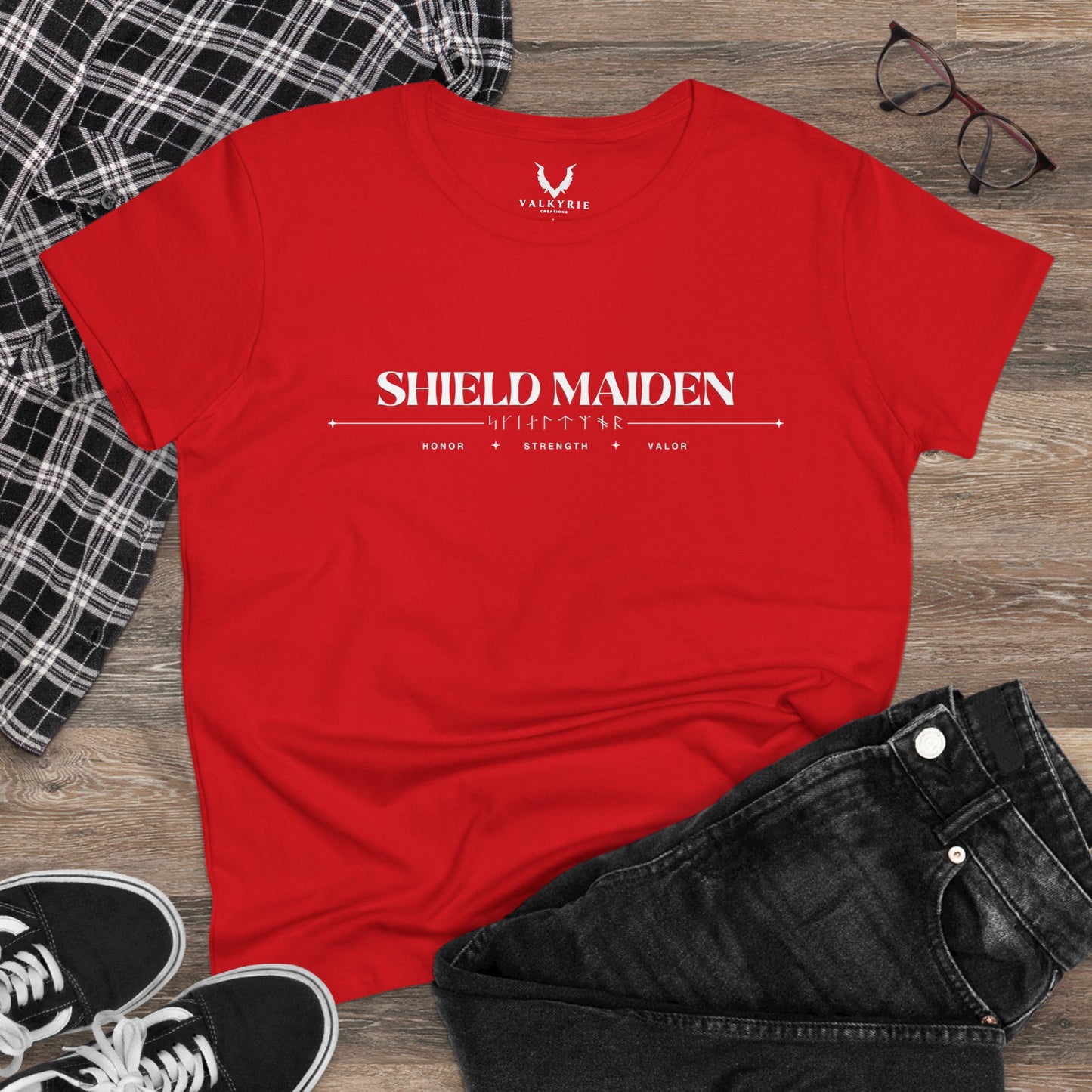 Women’s Tee - Shield Maiden, Strength, Honor, Casual Wear, Viking Inspired, Gifts for Her, Feminist Apparel