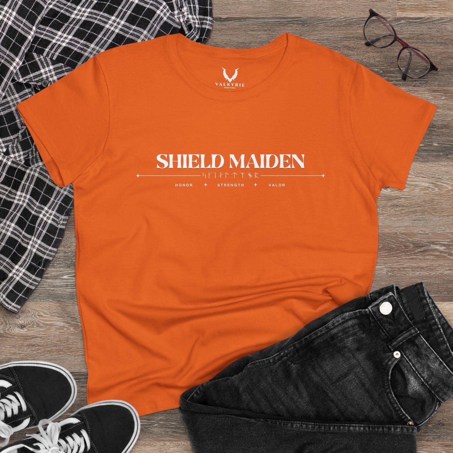Women’s Tee - Shield Maiden, Strength, Honor, Casual Wear, Viking Inspired, Gifts for Her, Feminist Apparel