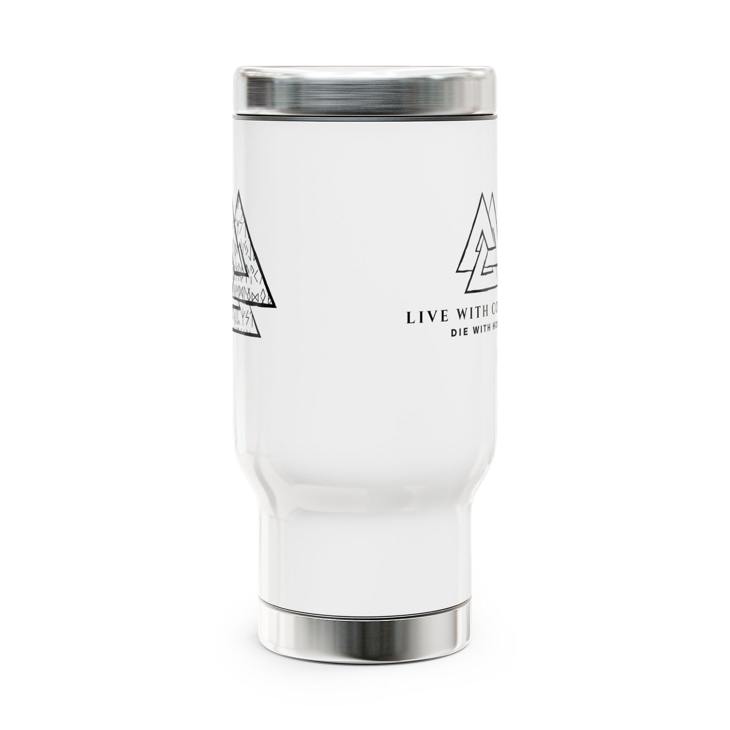 Adventure-Ready Stainless Steel Travel Mug - 14oz with Handle, 'Live With Courage' Design