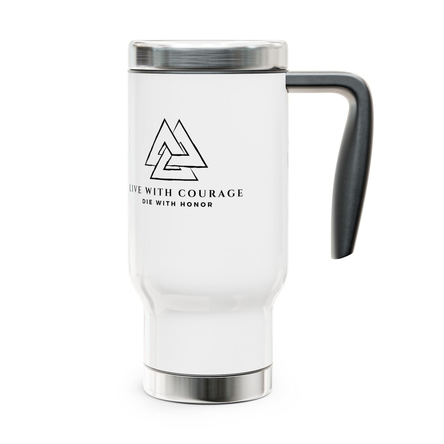 Adventure-Ready Stainless Steel Travel Mug - 14oz with Handle, 'Live With Courage' Design
