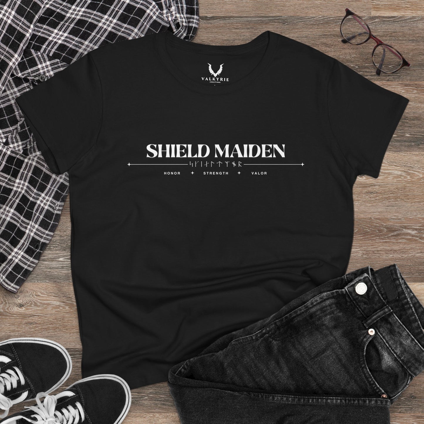 Women’s Tee - Shield Maiden, Strength, Honor, Casual Wear, Viking Inspired, Gifts for Her, Feminist Apparel