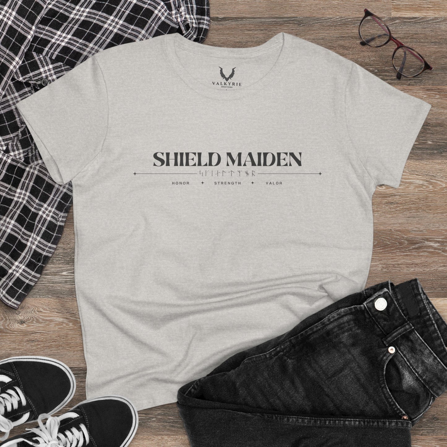 Women’s Tee - Shield Maiden, Strength, Honor, Casual Wear, Viking Inspired, Gifts for Her, Feminist Apparel