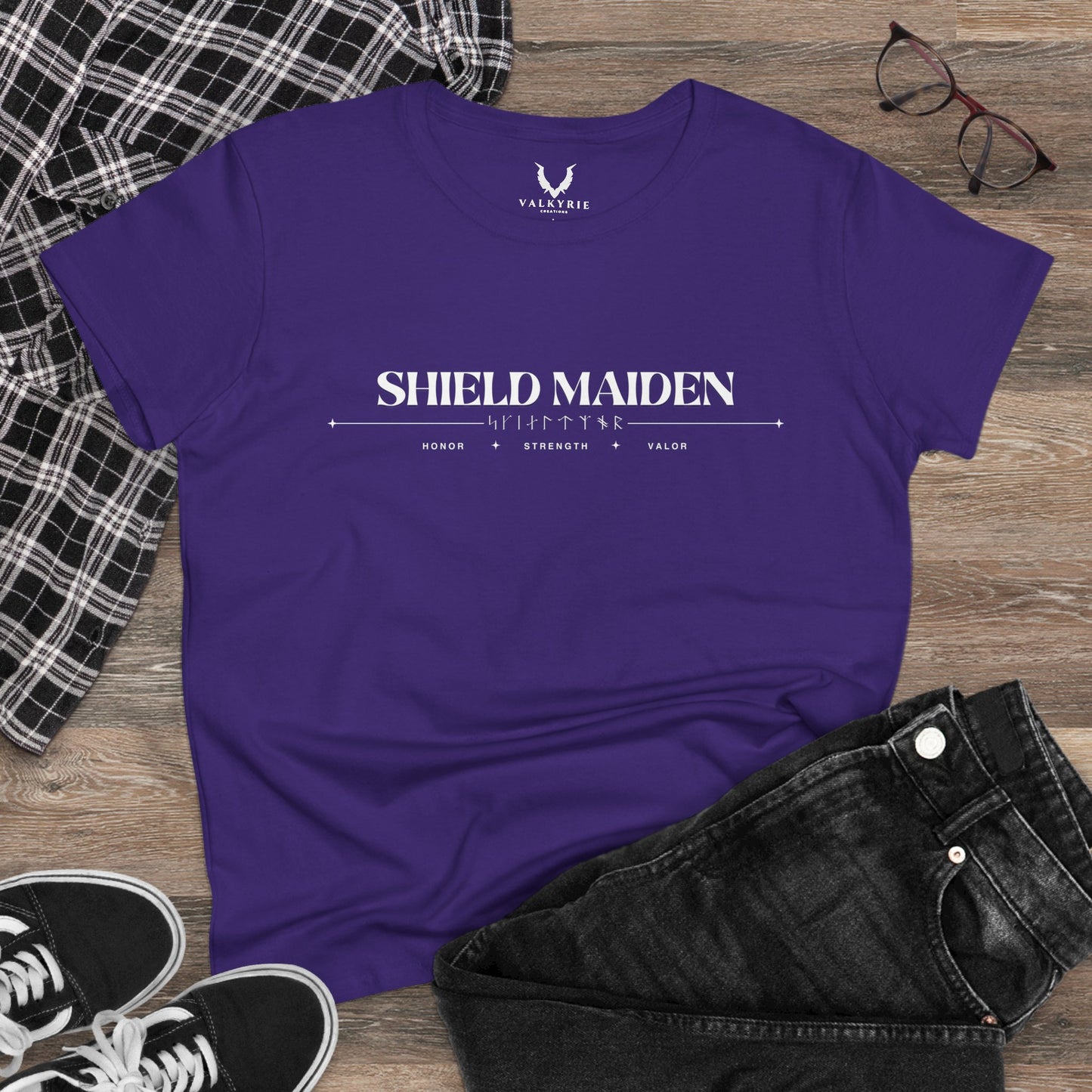Women’s Tee - Shield Maiden, Strength, Honor, Casual Wear, Viking Inspired, Gifts for Her, Feminist Apparel
