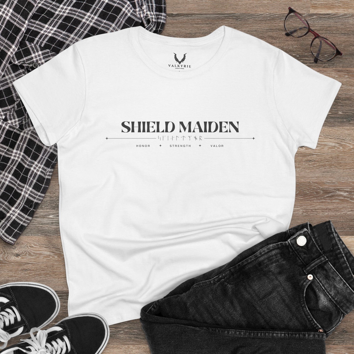 Women’s Tee - Shield Maiden, Strength, Honor, Casual Wear, Viking Inspired, Gifts for Her, Feminist Apparel