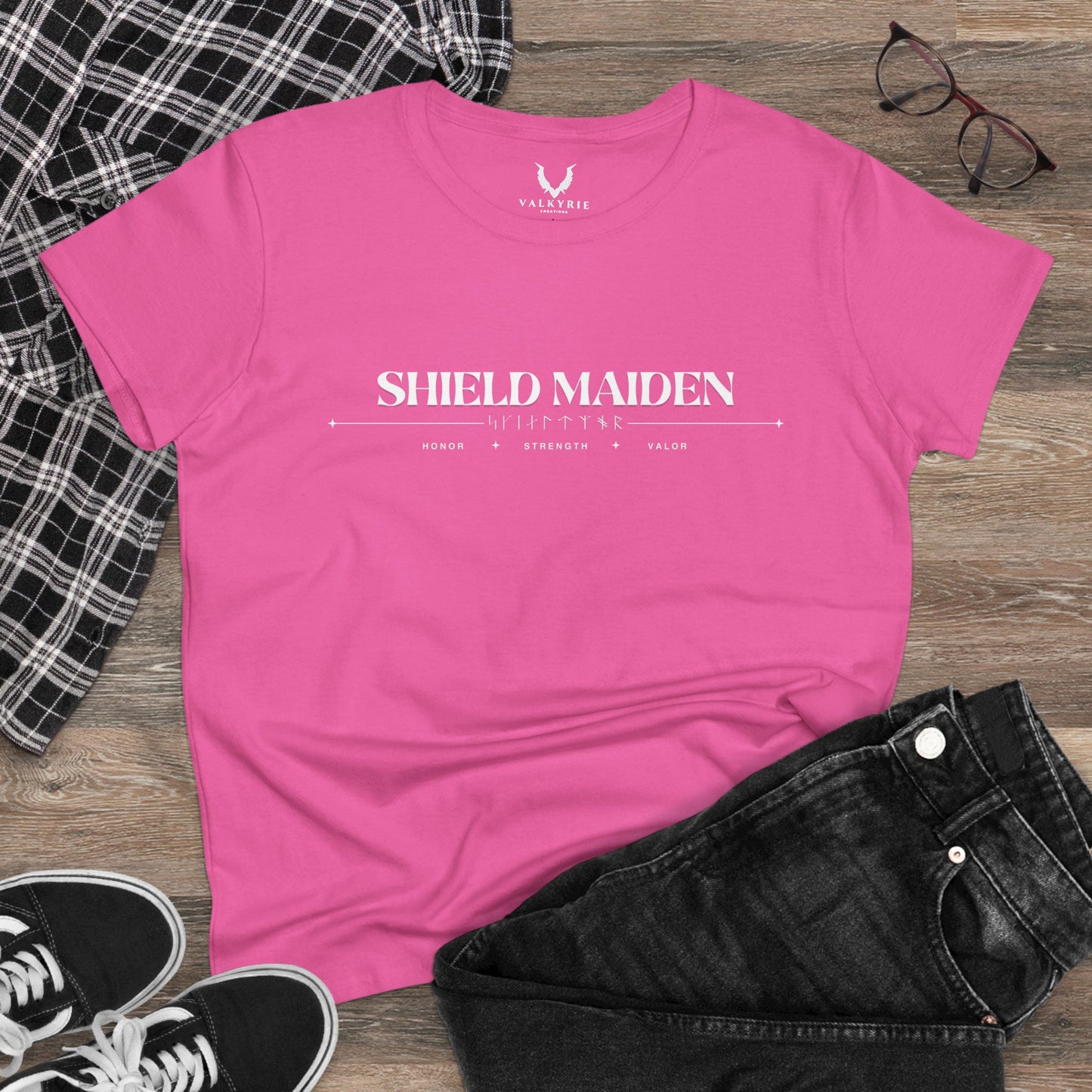 Women’s Tee - Shield Maiden, Strength, Honor, Casual Wear, Viking Inspired, Gifts for Her, Feminist Apparel